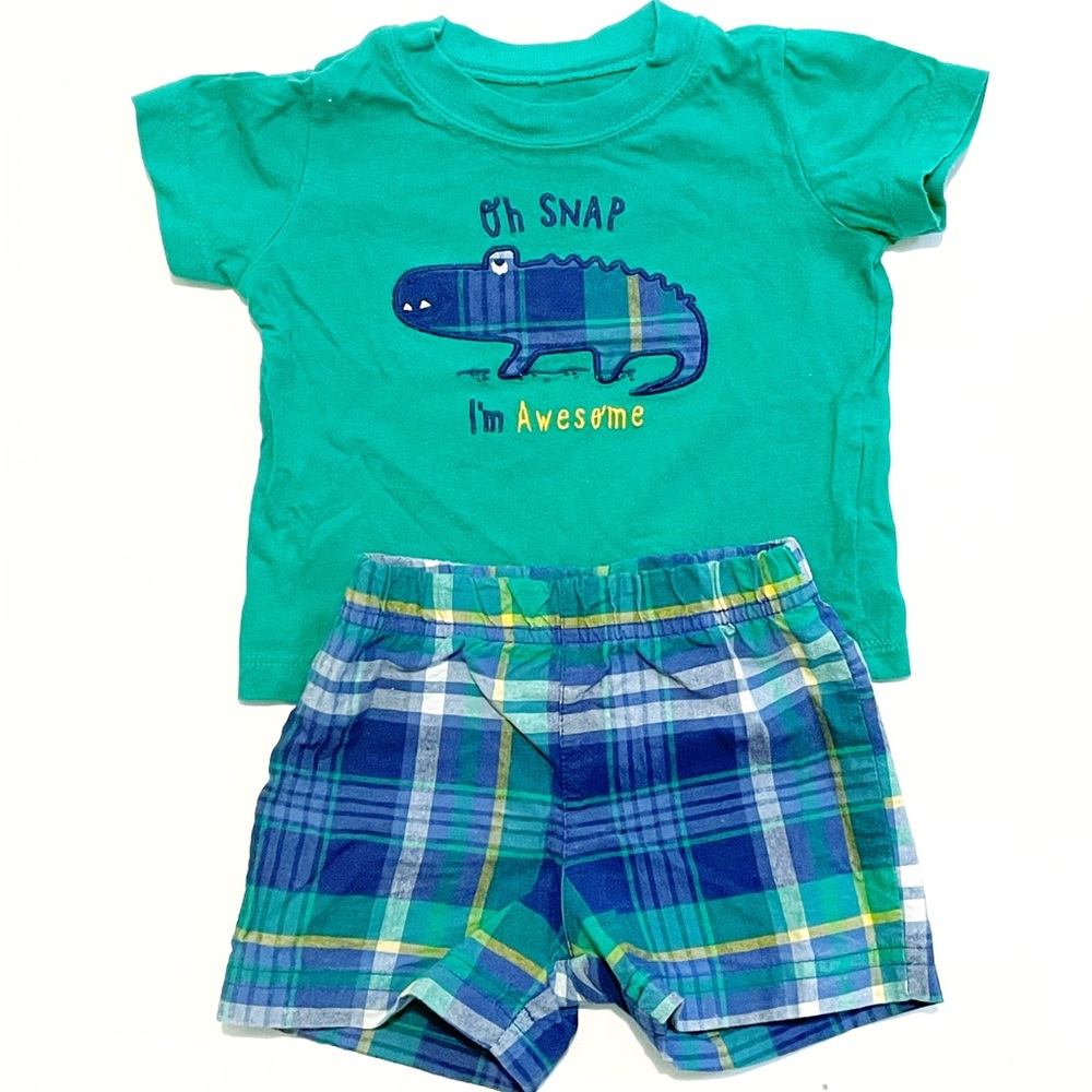 Carter’s • oh snap alligator green plaid summer shorts baby outfit • 6m